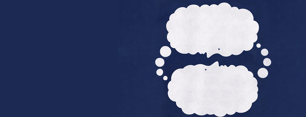 Illustration of two thought bubbles feeding into each other.