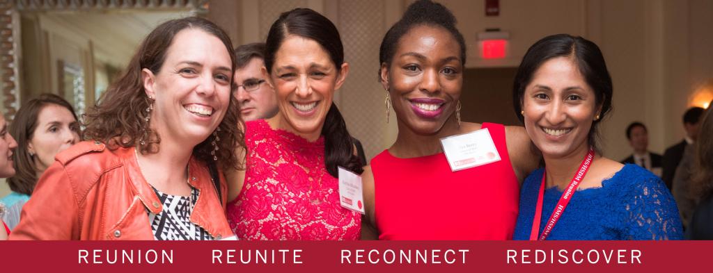 photo of four alumnae smiling at the camera with words 'reconnect, refresh, reenergize, relax, return"