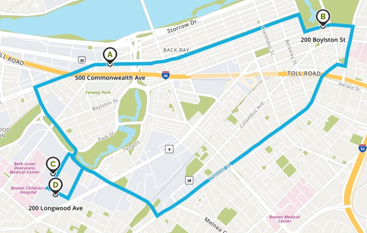 Google Map illustration of the full shuttle route on Friday