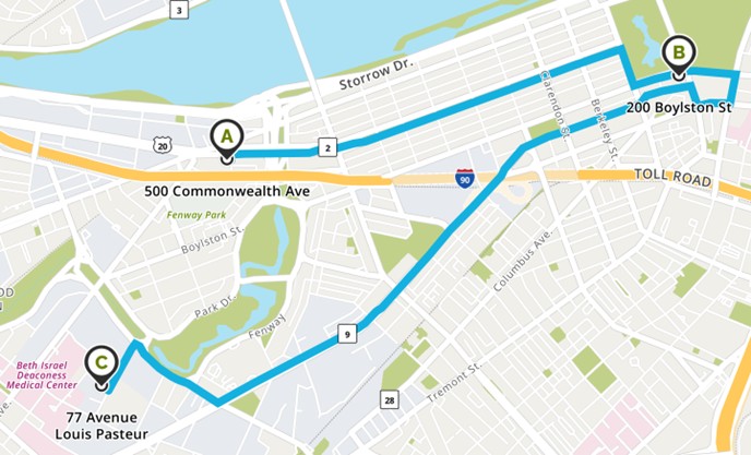 Google Map with an outline of the shuttle route.