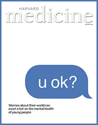 Cover of the spring 2023 issue of Harvard Medicine magazine showing a text message reading "u ok?" and including the statement "Worries about their world can exact a toll on the mental health of young people."