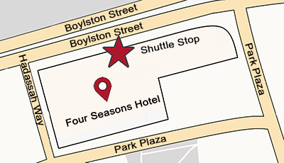 Map showing the pick-up and drop off location is between the Four Seasons Hotel Boston and Boston Park Plaza (Hadassah Way)