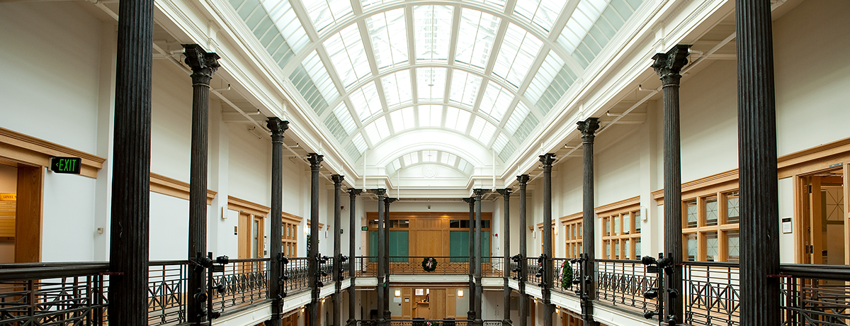 a view of the glass window ceiling inside Gordon Hall. 