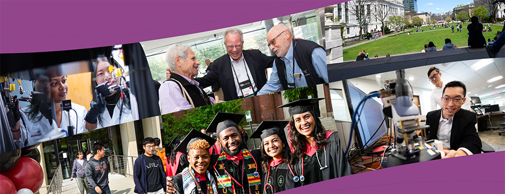 Collage of scenes from campus, including researchers in labs, students at graduation, and alumni at Reunion.