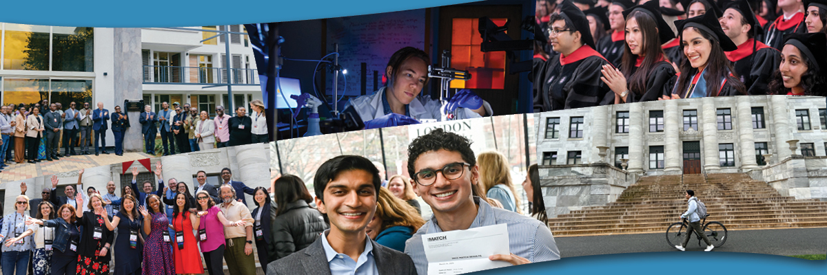 Collage of scenes from campus, including researchers in labs, students at graduation, and alumni at Reunion.