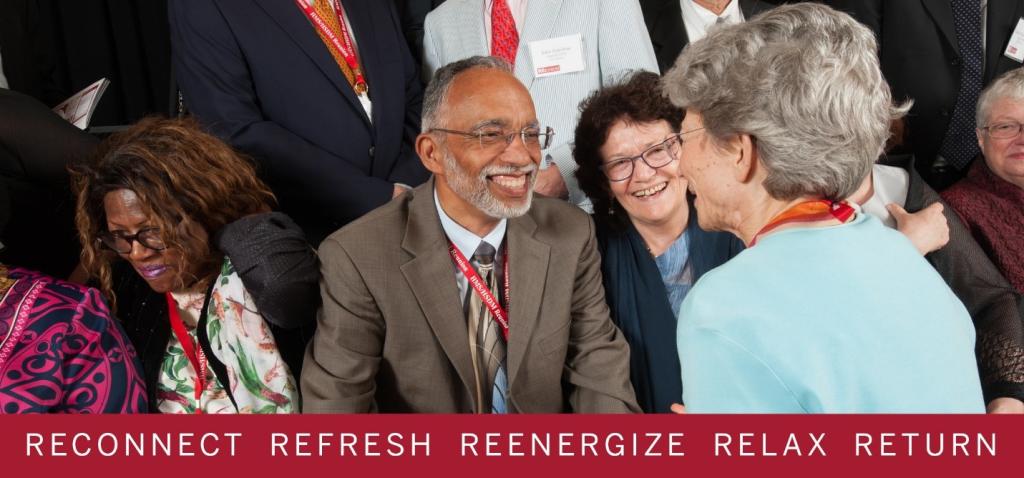 photo of two alumni laughing with words 'reconnect, refresh, reenergize, relax, return"