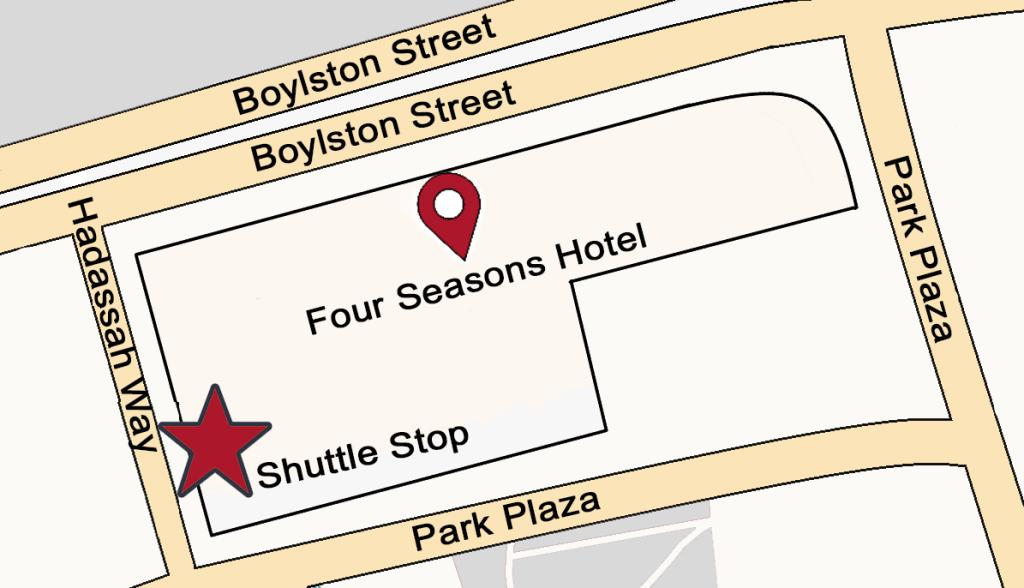 Map showing the pick-up and drop off location is between the Four Seasons Hotel Boston and Boston Park Plaza (Hadassah Way)