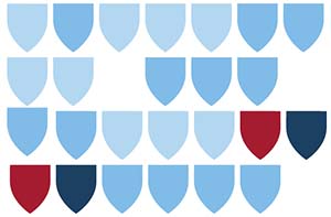 graphic icon of shields in shades of blue, gray and red.